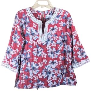Alfred Dunner Top Red Blue Floral Lace Boho Size 16P